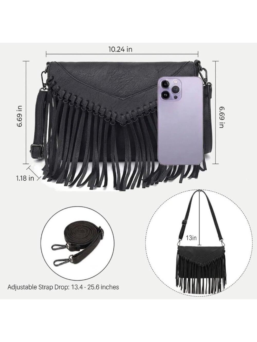 Vintage Leather Fringe Crossbody Bag | Boho Western Small Shoulder Purse with - Picture 4 of 6